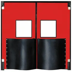 Red polyethylene insulated swinging door with two 8 ft wide by 8 ft high doors. Includes polycarbonate window, door seals, bumpers, and mounting hardware. Meets USDA standards. Suitable for temperature-controlled environments requiring thermal efficiency and hygiene.