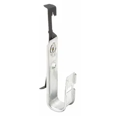 Galvanized steel j-hook with a clip-on design for mounting directly to wire. Includes a locking latch to secure cable bundles up to 3/4 in diameter. Used for routing and supporting low-voltage cables in cable management systems.