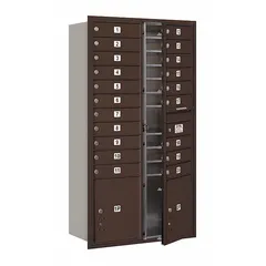 Horizontal multi-unit mailbox with 20 lockable front doors. Recessed mounting design. Dimensions: 57 1/8 in H x 31 1/8 in W x 16 1/2 in D. Suitable for centralized mail distribution in apartment buildings, condominiums, or commercial facilities.