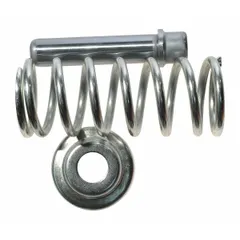 This plunger valve assembly is a replacement part for 2ZE60 pallet jacks. Constructed of steel with a silver finish, it controls hydraulic fluid flow to raise and lower the forks. Used in manual pallet jacks for material handling in warehouses and distribution centers.