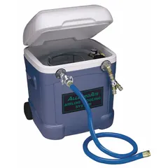 Ice-cooled portable airline cooling system for low-pressure breathing sources, designed for up to 3 users. Includes an inlet filter and features 5-inch Chicago fittings. Suitable for supplied-air respirator applications in industrial environments.