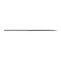 Triangular needle file, 4 inches long, 1/8 inch wide, 1/32 inch thick, Type 2. Used for precision filing in tight spaces, such as sharpening saw teeth, deburring small holes, and finishing internal corners in metalworking, toolmaking, and jewelry applications