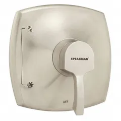This trim kit includes a square plastic trim plate with a nickel finish and a zinc handle. It is designed for use with CPV-P-IS Speakman shower valves to control water flow and temperature in bathtubs and showers.