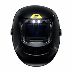Auto-darkening welding helmet with polypropylene shell and 4 arc sensors. Viewing area measures 3.94 in x 2.36 in with welding shade designation A60. Features push-button suspension adjustment and grind mode. Suitable for MIG, TIG, and stick welding in fabrication, construction, and repair applications.