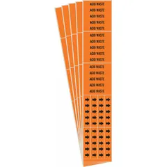Orange adhesive pipe markers with black 'Acid Waste' legend and flow-direction arrows. Each marker fits pipes with an outside diameter of 3/4 inch or smaller. Pack of 5 includes 3 markers. Used to identify pipes carrying acidic waste in industrial facilities.