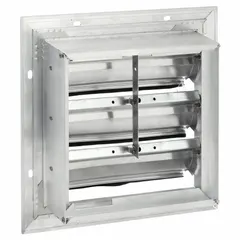 This wall-mount backdraft damper features a single-panel flat blade design with aluminum blades. It is intended for vertical mounting and horizontal airflow, with a maximum air velocity of 2500 fpm. Used in ventilation systems to prevent reverse airflow when the fan is off.