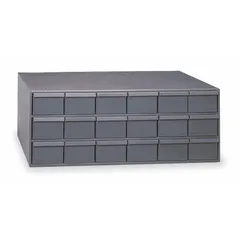 This assembled modular cabinet features 18 steel drawers with inside dimensions of 5-7/16 in x 11-11/32 in x 3-3/4 in, each including dividers for organizing small parts. Constructed from steel with a powder-coated gray finish, the cabinet is stackable for flexible storage configurations. Suitable for organizing fasteners, fittings, and tools in workshops, assembly lines, and maintenance areas.