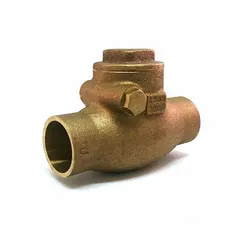 This bronze inline swing check valve features a swing-type body and sweat x sweat connections for 3/4 in pipe. It allows flow in one direction and prevents backflow, suitable for use in plumbing and HVAC water lines.