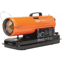 This handheld portable torpedo heater provides direct-fired space heating for construction sites, workshops, warehouses, and outdoor job sites. It features a thermostat, a 5-gallon fuel tank with up to 9 hours of operation per filling, and heats up to 1,700 sq ft. Overall dimensions are 16-3/4 in x 32 in x 11-3/4 in (H x L x D).