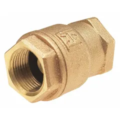 Lead-free bronze inline disc check valve with 3/8 in FNPT x FNPT connections. Spring-loaded swing design prevents backflow in plumbing systems. Suitable for potable water and other applications requiring lead-free compliance.