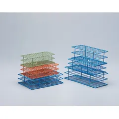 Steel test tube rack with blue finish for benchtop use. Holds up to 72 test tubes in individual compartments. Overall height 2 1/2 in. Suitable for organizing samples in laboratory settings.