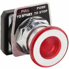 This Dayton mushroom-head push-button operator is a maintained-action control device for panel-mount applications. It features a red, non-metallic actuator with a 30 mm mounting size. The maintained action holds the button in the actuated position until manually reset, suitable for latching or emergency-stop functions in industrial environments.