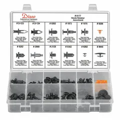 This assortment contains 121 push-in rivets in multiple sizes for fastening trim, panels, and interior components. Suitable for general-purpose repair and maintenance of plastic and metal panels in automotive and industrial applications.