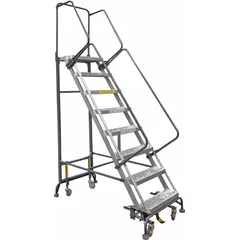 This unassembled aluminum ladder features a 9.2 ft platform height and double handrails for safe elevated access. The foot-activated step lock and weight-actuated auto-lock mechanism provide stability during use. Suitable for material handling tasks such as retrieving stored items or performing maintenance in warehouses and industrial facilities.