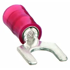Red nylon insulated fork terminal from the CT series. Accommodates 22 to 18 AWG wire for #10 stud size. Rated 600 V. Standard fork design allows quick disconnect without fully removing the screw. Insulation grip barrel provides strain relief.
