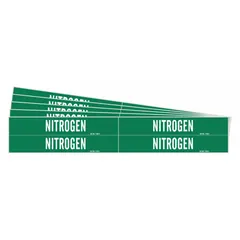Green adhesive pipe markers with white legend reading 'Nitrogen'. Designed for pipe outer diameters from 3/4 to 2-3/8 inches. Pack includes 4 markers without directional arrows. Used to identify nitrogen lines in industrial piping systems.
