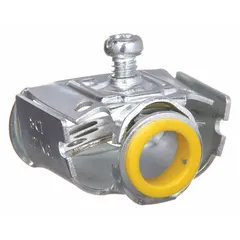 Steel straight duplex box connector with 1/2 in NPT thread and 1/2 in trade size. Non-insulated type with set-screw clamping for securing MC cable to junction boxes or enclosures. Yellow finish.