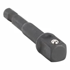This impact socket adapter converts a 1/4" male hex drive from an impact tool into a 3/8" square output drive, enabling use of standard 3/8" sockets. The black oxide finish provides corrosion resistance. Suitable for fastening and loosening bolts in automotive, construction, and industrial applications.