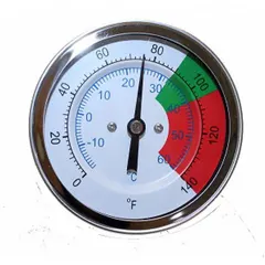 This stainless steel dial thermometer is a replacement component for mixing valve repair kits. It is used to monitor water temperature in mixing valve systems, ensuring consistent output. The thermometer includes only the dial thermometer component.