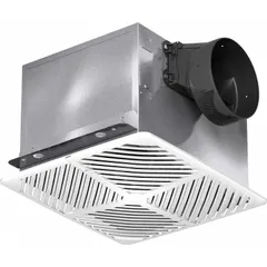 This ceiling-mounted exhaust fan is designed for removing moisture, odors, and airborne contaminants in bathrooms. It operates at a single speed on 115V AC and includes an aluminum backdraft damper. The fan mounts using adjustable brackets and has a rectangular duct shape. No heater or sensor is included.