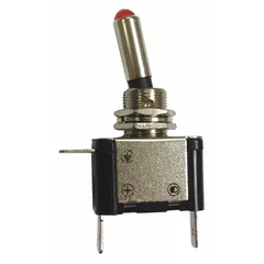SPST toggle switch with On/Off function, silver actuator, black stem, and red LED for visual status indication. Features three 1/4 in male terminals and panel mount style. Suitable for simple On/Off control in automotive, marine, and industrial electrical circuits.