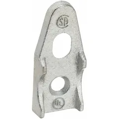 Iron surface mount clamp for securing 1-inch IMC and RMC conduit to walls or ceilings. Electroplated gray finish with elongated bolt holes for alignment flexibility. UL listed, rated for outdoor use only. Overall dimensions: 3-1/32 in length, 1-9/32 in width, 17/32 in height.