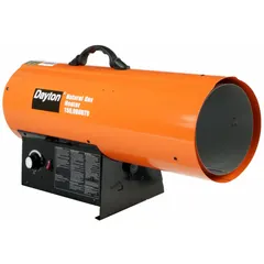 This direct-fired portable gas torpedo heater provides temporary heating for large, open or semi-enclosed areas such as construction sites, warehouses, and workshops. It features a thermostat for temperature control and measures 16-1/8 in H x 25-5/8 in W x 11-13/16 in D.