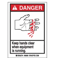 Polyester adhesive sign with danger message for industrial environments. Nominal size 5 in x 3 1/2 in, 0.01 in thick. Not retroreflective, does not glow in the dark. Suitable for mounting on equipment or machinery to warn against contact during operation.