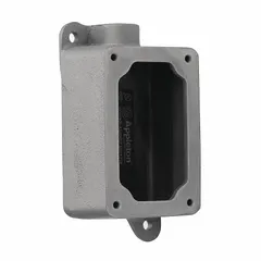 This 1-gang hazardous location electrical box is constructed of iron with a 1/2-inch feed-through hub. It has an overall height of 6 1/8 inches and is used to mount and protect electrical connections in environments where flammable gases, vapors, or dust may be present.