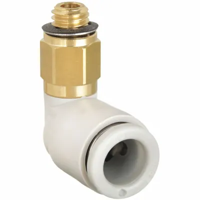 SMC Push-Fit Elbow Fitting: 1/4 in OD x 5 mm Pipe Size, Push-to-Connect x Metric - Polybutylene & Brass Tube Fittings