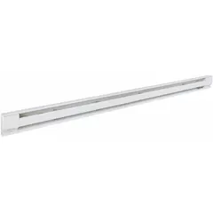 This Dayton electric baseboard heater is a residential-grade unit with a conventional white housing. It operates at 208/240V AC and provides selectable wattage output of 1128W or 1500W. The heater is designed for wall-mount installation in homes for supplemental or primary electric heating. Thermostat is not included.