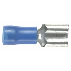 Female quick disconnect socket with blue nylon partial coverage insulation. Accepts 16 AWG to 14 AWG wire sizes. Used for making removable electrical connections in control panels, appliances, and automotive wiring.