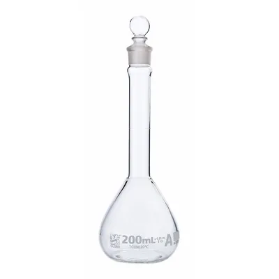 GLOBE SCIENTIFIC Volumetric Flask: 200 mL, Colorless, A, 0.20 mL - Glass Volumetric Flasks
