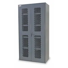 This ventilated shelf cabinet from DURHAM MFG measures 36 x 18 x 84 inches and features a gray finish with a frame base. It includes four adjustable shelves and a swing handle with keyed lock for security. The ventilated body panels allow airflow, making it suitable for storage of tools, parts, and equipment in industrial environments. Supplied fully assembled.