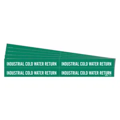 Green adhesive pipe marker with white legend 'Industrial Cold Water Return' for identifying cold water return piping. Fits pipe outer diameters from 3/4 to 2-3/8 inches. Sold in a 5-pack without directional arrows. Suitable for industrial facility pipe marking applications.