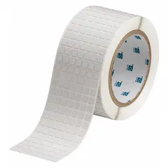 Polyimide precut label roll with white matte finish. Each label measures 1/4 in x 1/4 in, with 20,000 labels per roll. Designed for use with THT printer series. Suitable for industrial identification and tracking applications requiring resistance to high temperatures and chemicals.