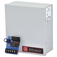 Steel-enclosed power supply board accepting 16 to 24V AC input and delivering regulated 6/12/24 VDC at 1.2A. Suitable for powering access control, security, and industrial automation equipment requiring a reliable DC source.