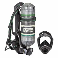 This MSA G1 self-contained breathing apparatus (SCBA) features a 30-minute aluminum cylinder rated at 2,216 psi. It is designed for respiratory protection in hazardous environments such as chemical plants, refineries, and firefighting, providing breathable air during emergency response or entry into oxygen-deficient atmospheres.