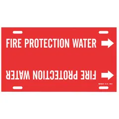 Strap-on pipe marker for identifying fire protection water lines. Red background with white legend and directional arrows. Fits pipe outer diameters of 8 to 9-7/8 inches. Suitable for industrial and commercial facilities requiring clear pipe content and flow direction marking.