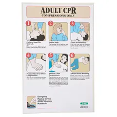 This 17 in x 11 in poster provides clear, English-language instructions for adult CPR compressions-only technique. The clear film laminate coating protects the surface. Suitable for placement in workplace safety areas, first aid stations, and training rooms to guide response during cardiac emergencies.