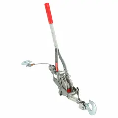 Hook-mounted cable ratchet puller with safety latch. Lifting capacity of 1,000 lb and maximum lifting length of 6 ft. No trolley. Used for manual lifting, pulling, and tensioning of loads in industrial maintenance, construction, and rigging applications.