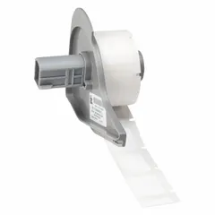 White matte-finish precut label roll for thermal transfer printing. Label height 29/32 in, width 3/4 in, roll length 29/32 in. Compatible with M710 printer series. Used for durable identification in cryogenic environments, such as asset tracking and pipe marking.