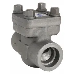 This forged steel inline piston check valve features a carbon steel body with socket x socket connections for 1 in pipe. It is designed to prevent backflow in piping systems, allowing flow in one direction and automatically closing upon flow reversal. Typical applications include industrial process lines where inline installation is required.