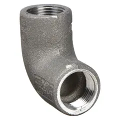 This 90° elbow is made of aluminum with a plain finish. It has 1-inch female NPT connections on both ends. Used in electrical conduit systems to change direction, suitable for hazardous locations.