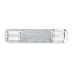 Rectangular plate for label stamping presses, made from 316 stainless steel with a thickness of 0.01 in. Measures 3/8 in x 1 3/4 in and includes four mounting holes. Used to create durable identification tags in industrial environments.