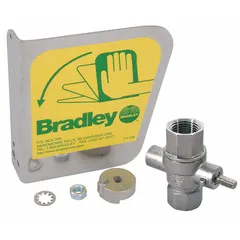 Stainless steel push handle with on/off valve for eyewash stations. Includes a 1/2 in stainless steel NPT stay-open valve. Compatible with Bradley series S19-310UU. Used to activate emergency eyewash equipment in industrial safety applications.
