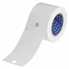 Polyester precut tag roll in white matte finish for indoor and outdoor use. Measures 5 3/4 in x 3 1/4 in. Compatible with J4000 printer series. Used for industrial identification, asset labeling, and facility signs.