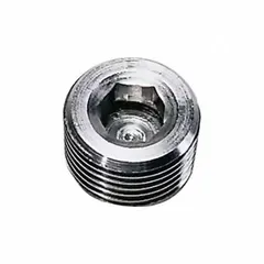 This hex drive cored plug is used to seal threaded ports in high-pressure fluid systems. It features a 3/8 in NPT male thread, is made from 316 stainless steel, and is rated for 2,176 psi. The overall length is 7/16 in. Suitable for hydraulic, pneumatic, and industrial piping applications.