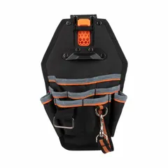 Polyester storage pouch with 8 pockets, designed for carrying knives and other tools. Attaches via clip to belts up to 2-1/2 in wide. Dimensions: 8 in W x 3-1/2 in D x 11 in H. Color: Black/Gray/Orange.