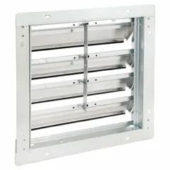 This wall-mount backdraft damper is designed for vertical mounting in ventilation systems to prevent reverse airflow when the fan is off. It features a single-panel flat-blade construction with horizontal airflow direction. Suitable for use with a 12-inch fan, it has a maximum air velocity of 2500 fpm.